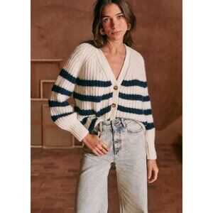NWT Sezane Basile in Ecru Marine Stripe Alpaca Wool Blend Cardigan Sweater XXL